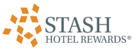 Stash Hotel Rewards logo with orange geometric emblem and the words &ldquo;STASH HOTEL REWARDS&rdquo; in blue. logo on footer section. Link to external website.