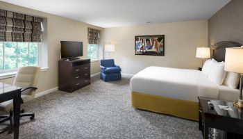 The image shows a hotel room with a bed, TV, armchair, desk, and art on the wall, featuring neutral colors and a window with curtains.