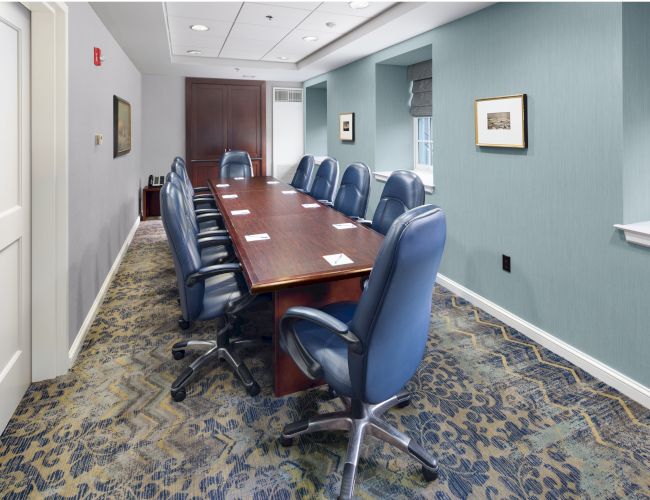 The image shows a conference room with a long table, blue chairs, and artwork on light green walls, featuring a patterned carpeted floor.