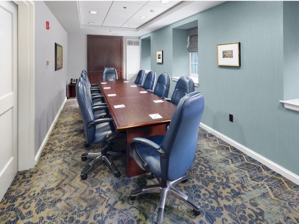 The image shows a conference room with a long table and blue chairs, set against a patterned carpet and green walls with framed pictures.
